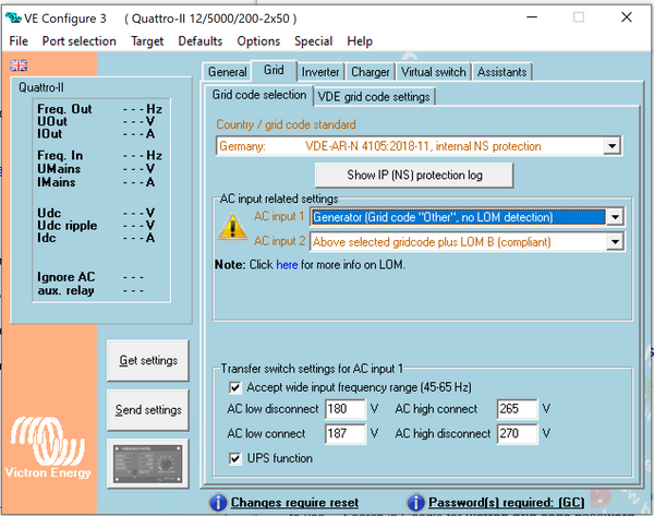 VE.Bus firmware 501: adds Generator option into Quattro Grid-code configuration